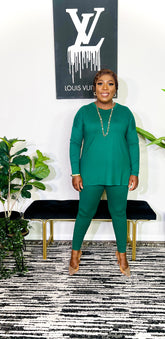 Cuttie Round Neck Long Sleeve 2 Piece Lounge Set (Dark Green)
